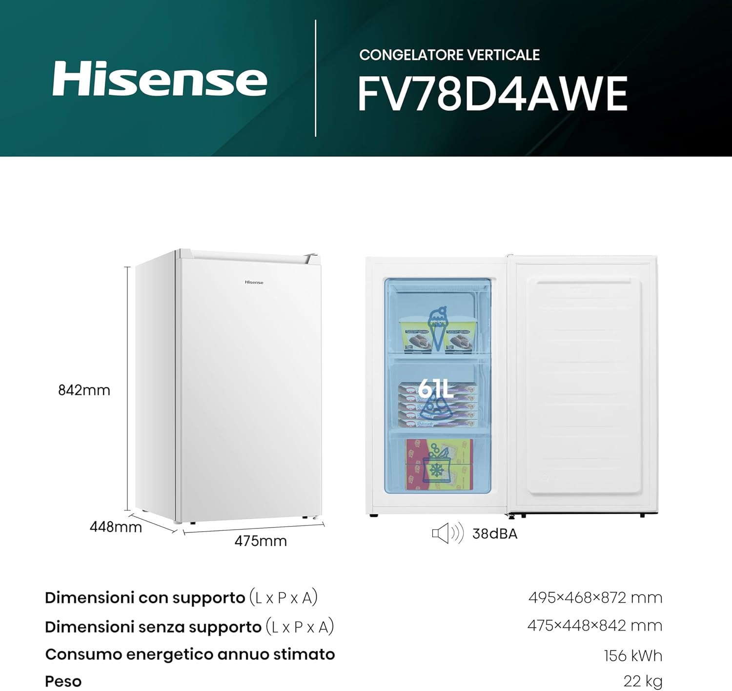 Congelatore Verticale Hisense 3 Cassetti | Modello FV78D4AWE