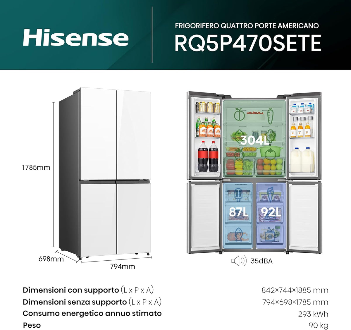 Frigorifero americano HISENSE vetro bianco 80x180cm  | Modello RQ5P470SETE